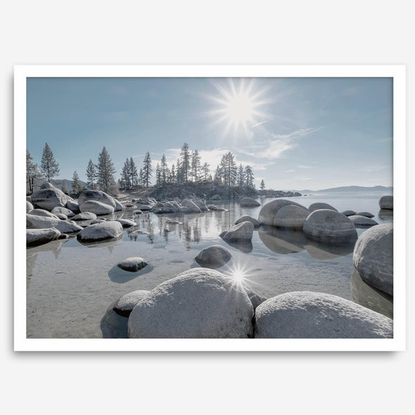 Lake Tahoe wall art featuring Sand Harbor’s boulders, pine trees, and water reflections at sunrise.