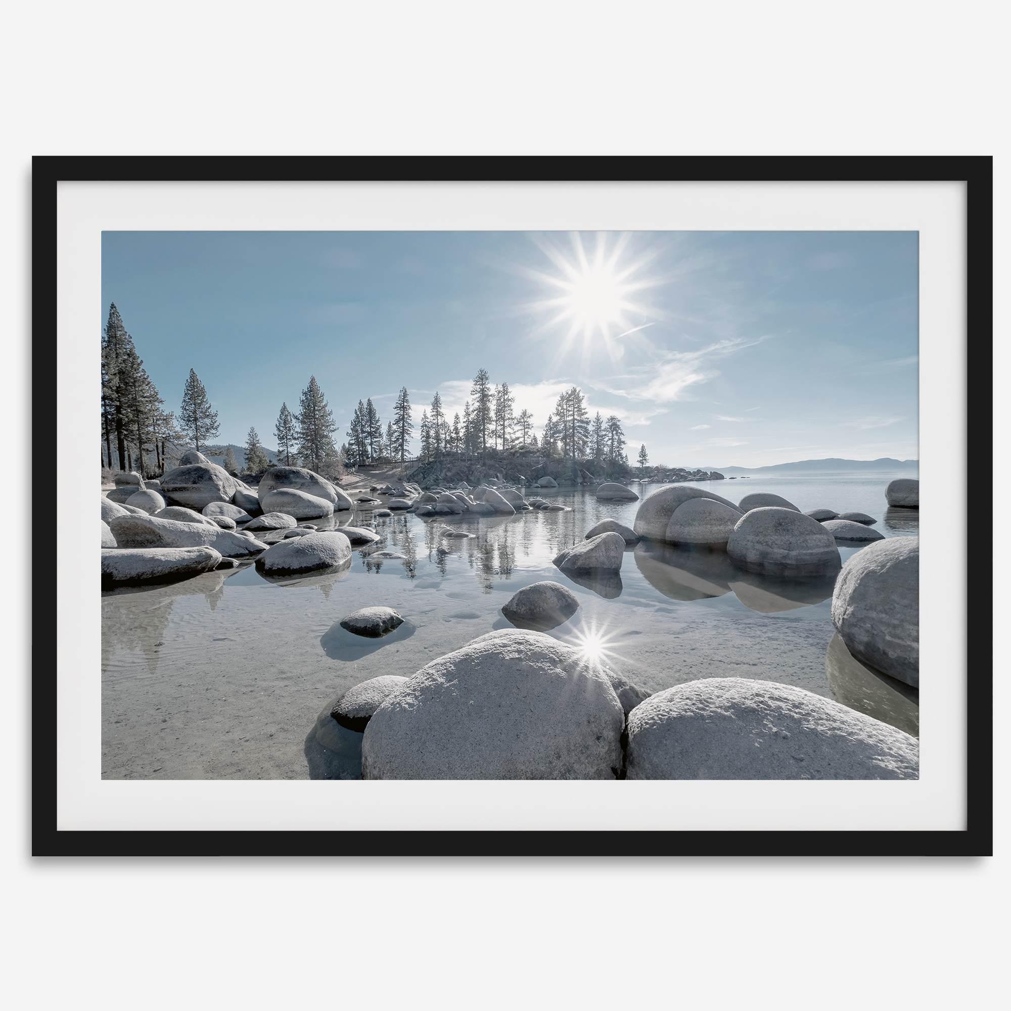 Lake Tahoe wall art featuring Sand Harbor’s boulders, pine trees, and water reflections at sunrise.