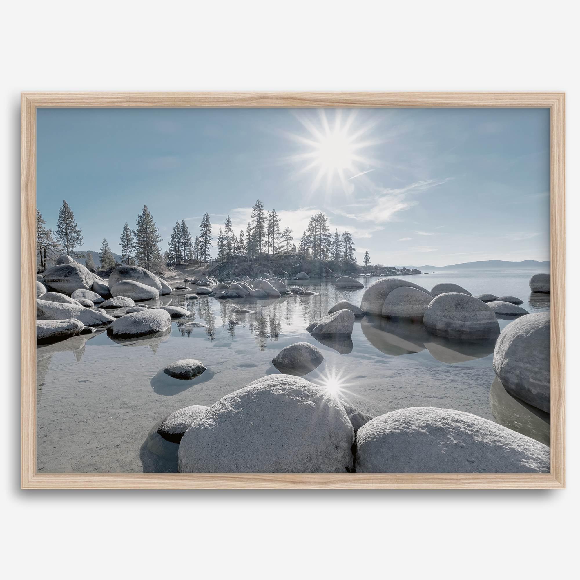Lake Tahoe wall art featuring Sand Harbor’s boulders, pine trees, and water reflections at sunrise.