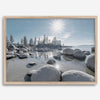 Lake Tahoe wall art featuring Sand Harbor’s boulders, pine trees, and water reflections at sunrise.