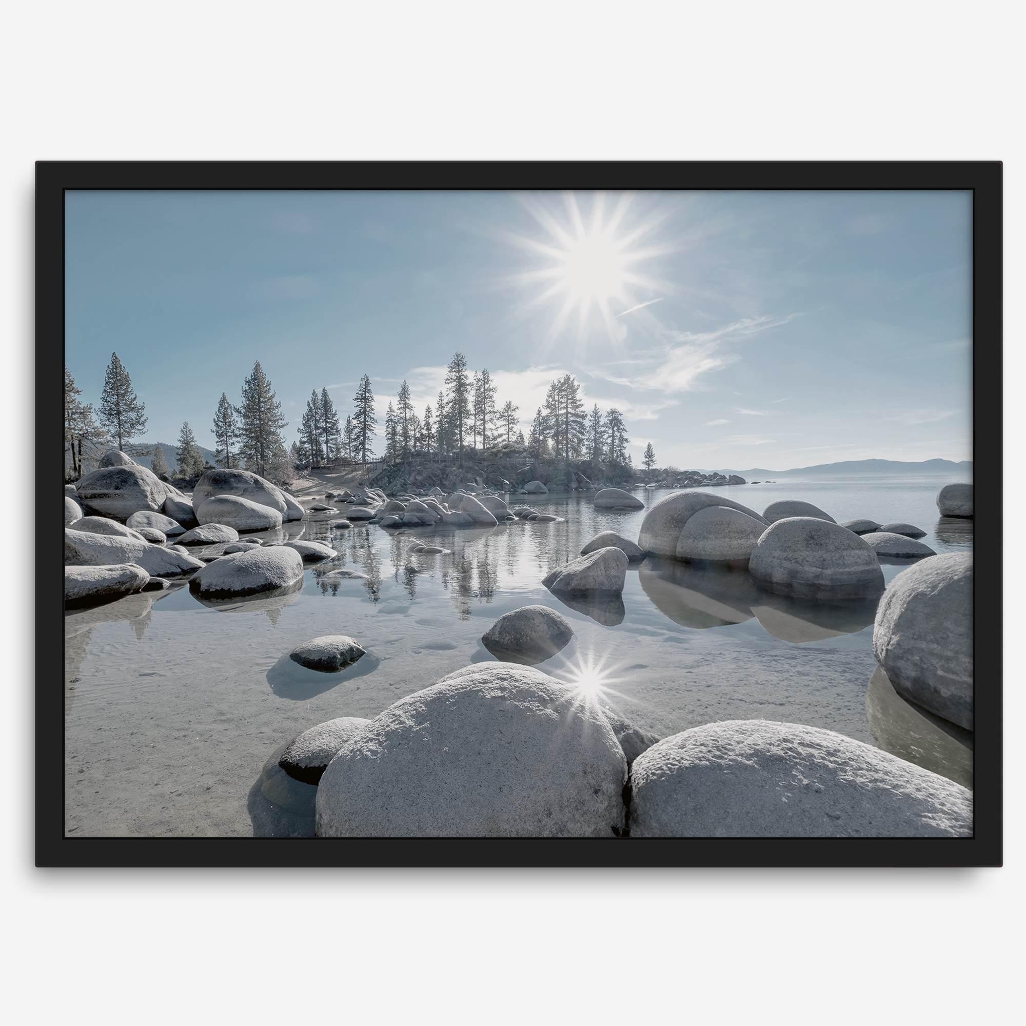 Lake Tahoe wall art featuring Sand Harbor’s boulders, pine trees, and water reflections at sunrise.