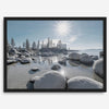 Lake Tahoe wall art featuring Sand Harbor’s boulders, pine trees, and water reflections at sunrise.