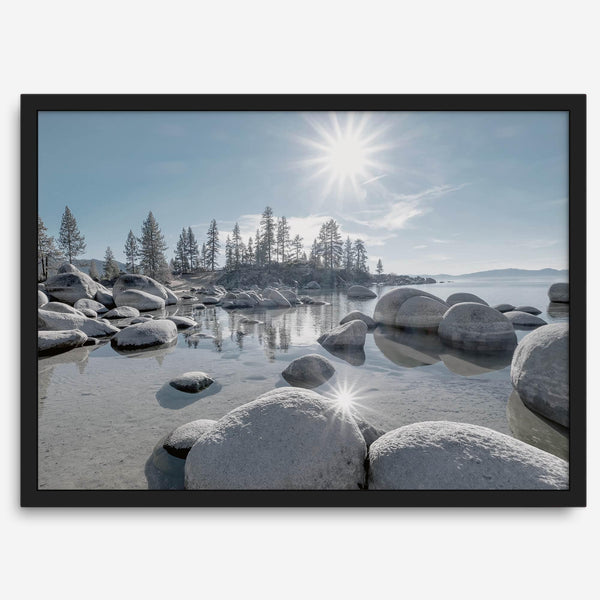 Lake Tahoe wall art featuring Sand Harbor’s boulders, pine trees, and water reflections at sunrise.