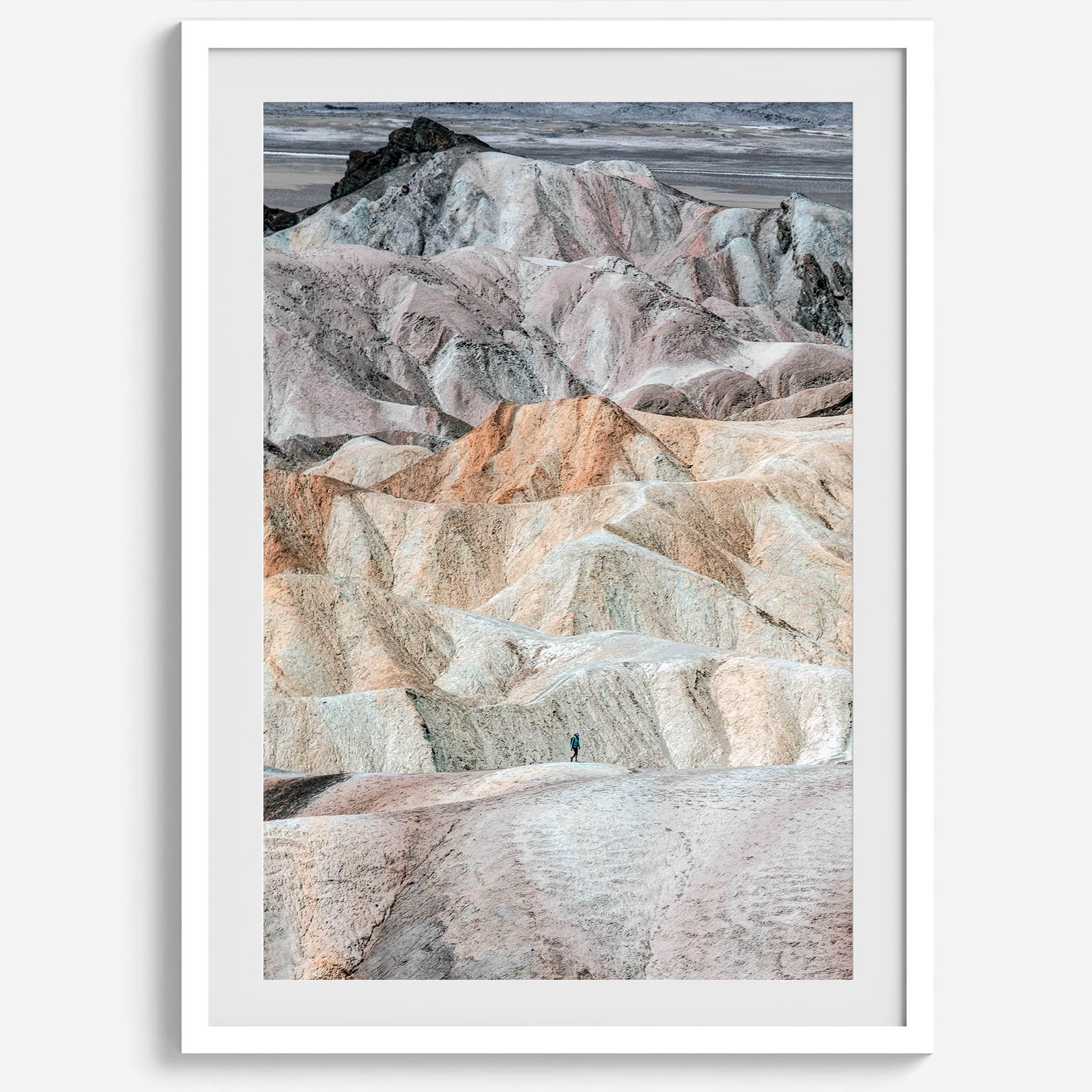 This modern, colorful desert framed or unframed print features the colorful dunes in Zabriskie Point. Our Death Valley National Park poster celebrates the stunning terrain and sunsets of the park with colors like Pink, Purple, and Yellow.