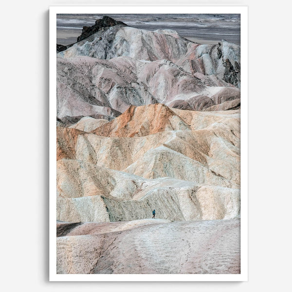 This modern, colorful desert framed or unframed print features the colorful dunes in Zabriskie Point. Our Death Valley National Park poster celebrates the stunning terrain and sunsets of the park with colors like Pink, Purple, and Yellow.