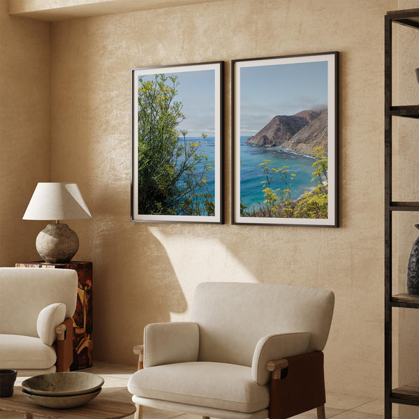 Pair of California coast photography prints featuring Pacific Ocean views, yellow wildflowers and Big Creek Bridge on Highway 1.