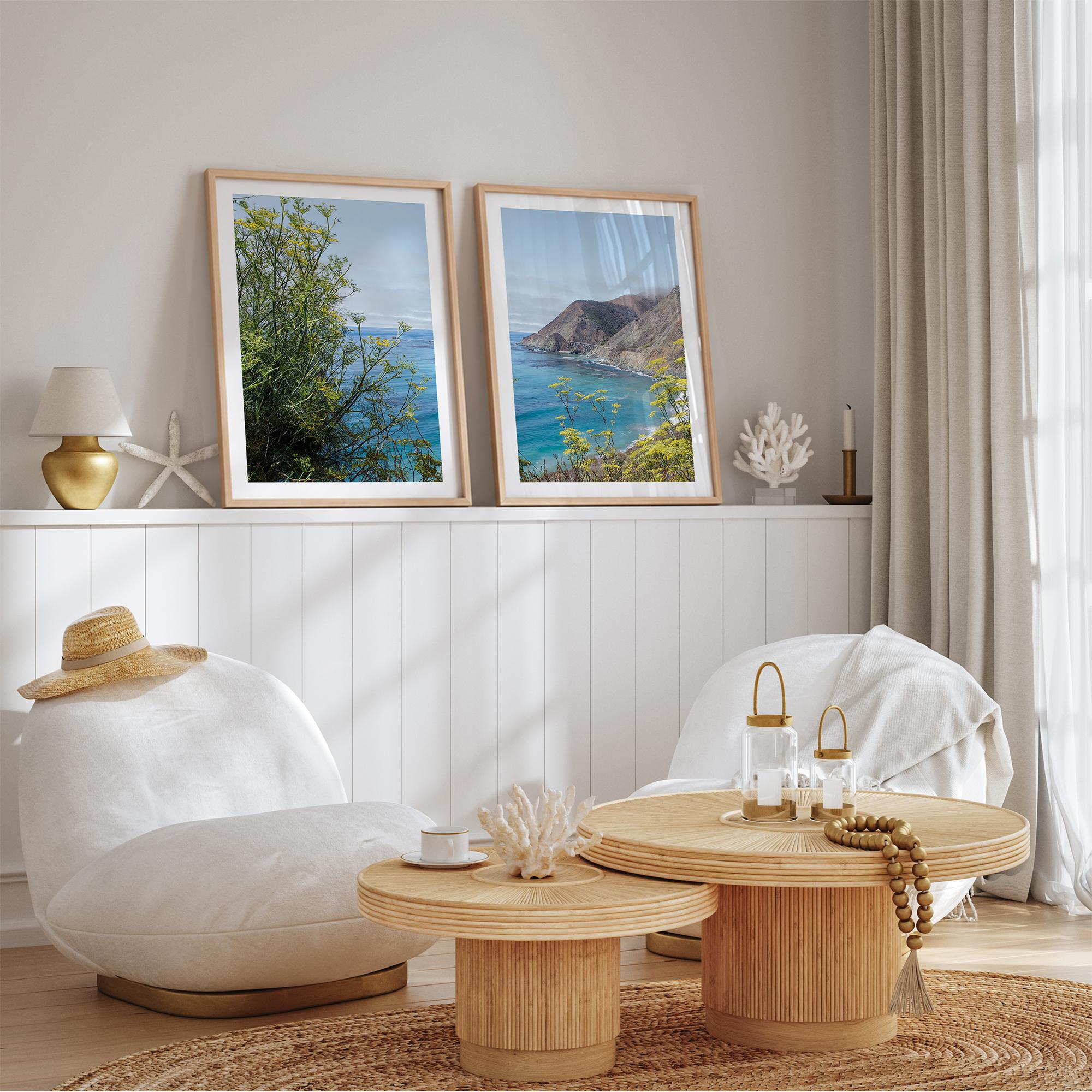 Pair of California coast photography prints featuring Pacific Ocean views, yellow wildflowers and Big Creek Bridge on Highway 1.