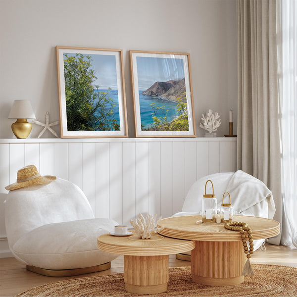 Pair of California coast photography prints featuring Pacific Ocean views, yellow wildflowers and Big Creek Bridge on Highway 1.