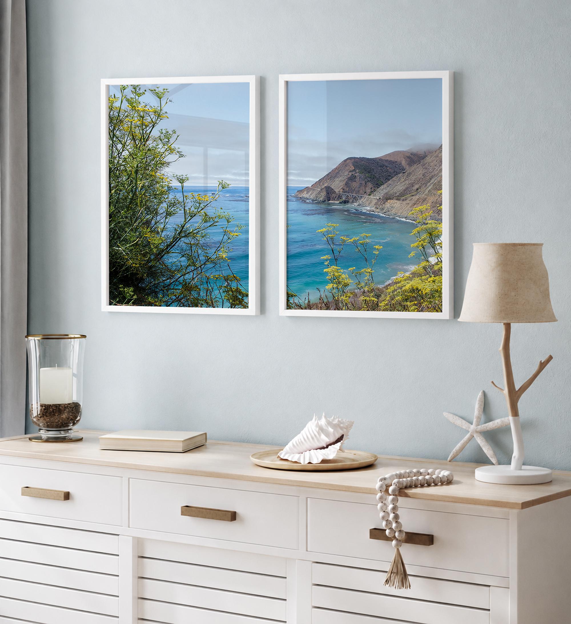 Pair of California coast photography prints featuring Pacific Ocean views, yellow wildflowers and Big Creek Bridge on Highway 1.