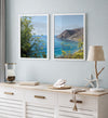 Pair of California coast photography prints featuring Pacific Ocean views, yellow wildflowers and Big Creek Bridge on Highway 1.