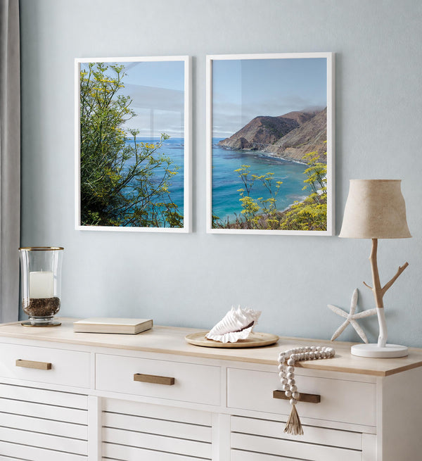 Pair of California coast photography prints featuring Pacific Ocean views, yellow wildflowers and Big Creek Bridge on Highway 1.