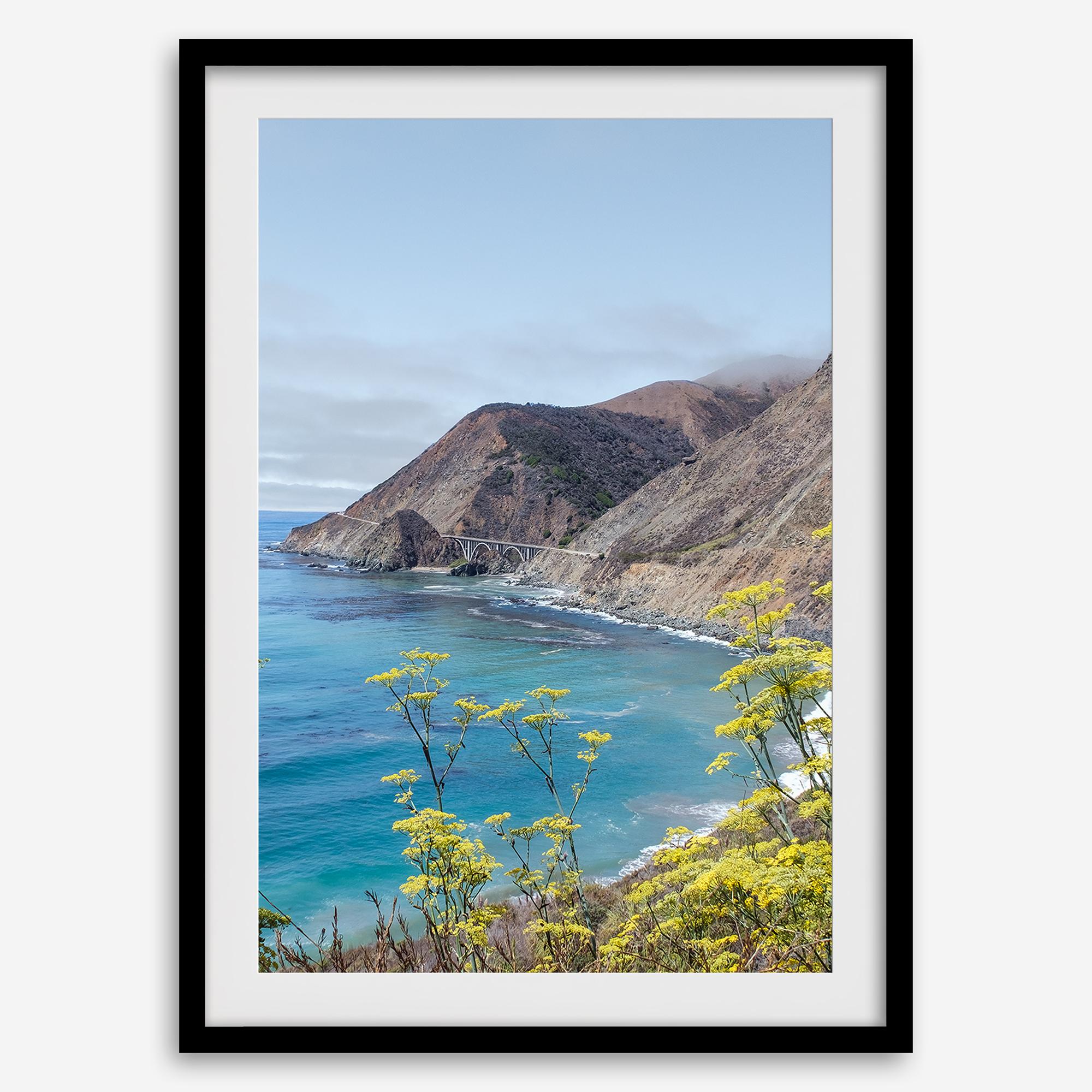 Pair of California coast photography prints featuring Pacific Ocean views, yellow wildflowers and Big Creek Bridge on Highway 1.