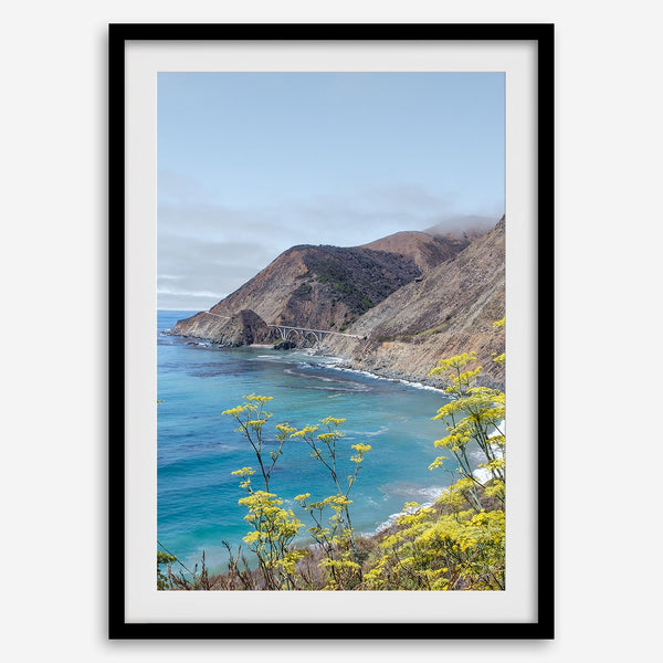 Pair of California coast photography prints featuring Pacific Ocean views, yellow wildflowers and Big Creek Bridge on Highway 1.