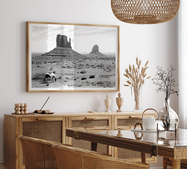 Black and white fine art desert print with wild horses and mesas