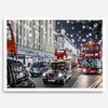 Fine art photography print of a bustling London street during Christmas, featuring double-decker buses, black taxis, and festive holiday lights.