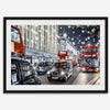 Fine art photography print of a bustling London street during Christmas, featuring double-decker buses, black taxis, and festive holiday lights.