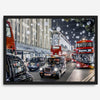 Fine art photography print of a bustling London street during Christmas, featuring double-decker buses, black taxis, and festive holiday lights.