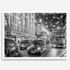 Black and white fine art photography print of a lively London street during Christmas, featuring double-decker buses, black taxis, and festive holiday lights.
