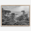 Black and white fine art coastal print featuring a lone cypress overlooking the ocean along 17-Mile Drive near Monterey, California. Available framed or unframed.
