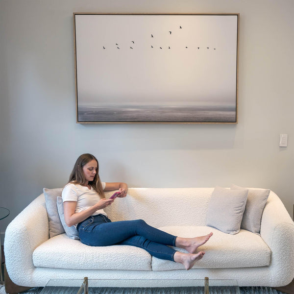 Ocean canvas print featuring flying sea birds and peaceful coastal scenery from Pacifica, California.
