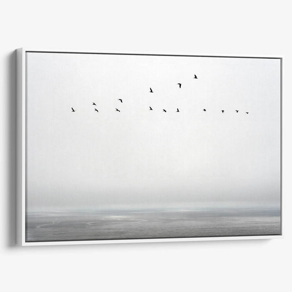 Ocean canvas print featuring flying sea birds and peaceful coastal scenery from Pacifica, California.