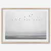Minimalist seascape fine art print – a flock of birds in flight over a calm, misty ocean with a soft, gray horizon.