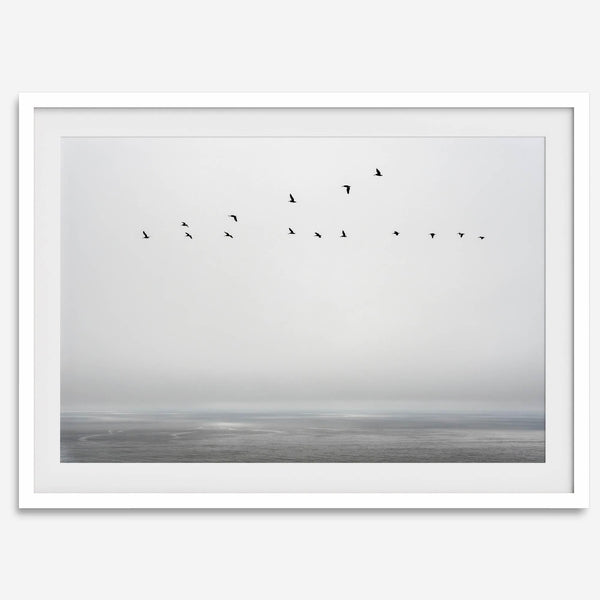 Minimalist seascape fine art print – a flock of birds in flight over a calm, misty ocean with a soft, gray horizon.