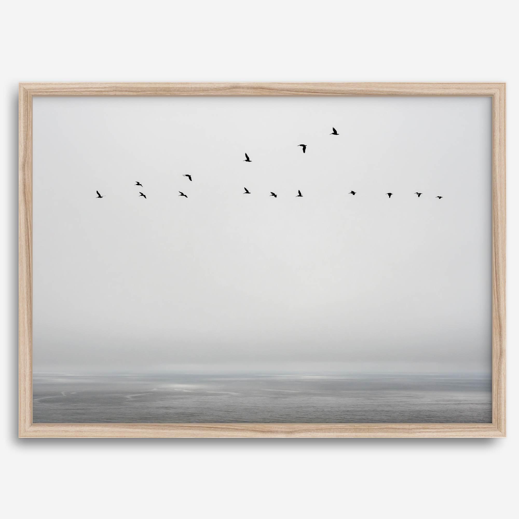 Minimalist seascape fine art print – a flock of birds in flight over a calm, misty ocean with a soft, gray horizon.
