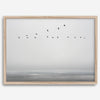 Minimalist seascape fine art print – a flock of birds in flight over a calm, misty ocean with a soft, gray horizon.
