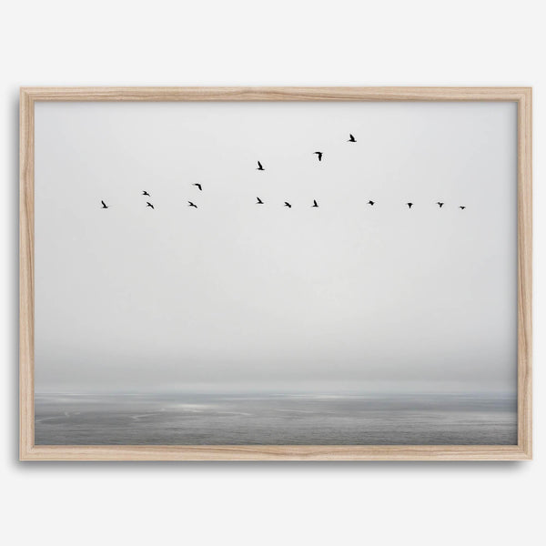 Minimalist seascape fine art print – a flock of birds in flight over a calm, misty ocean with a soft, gray horizon.