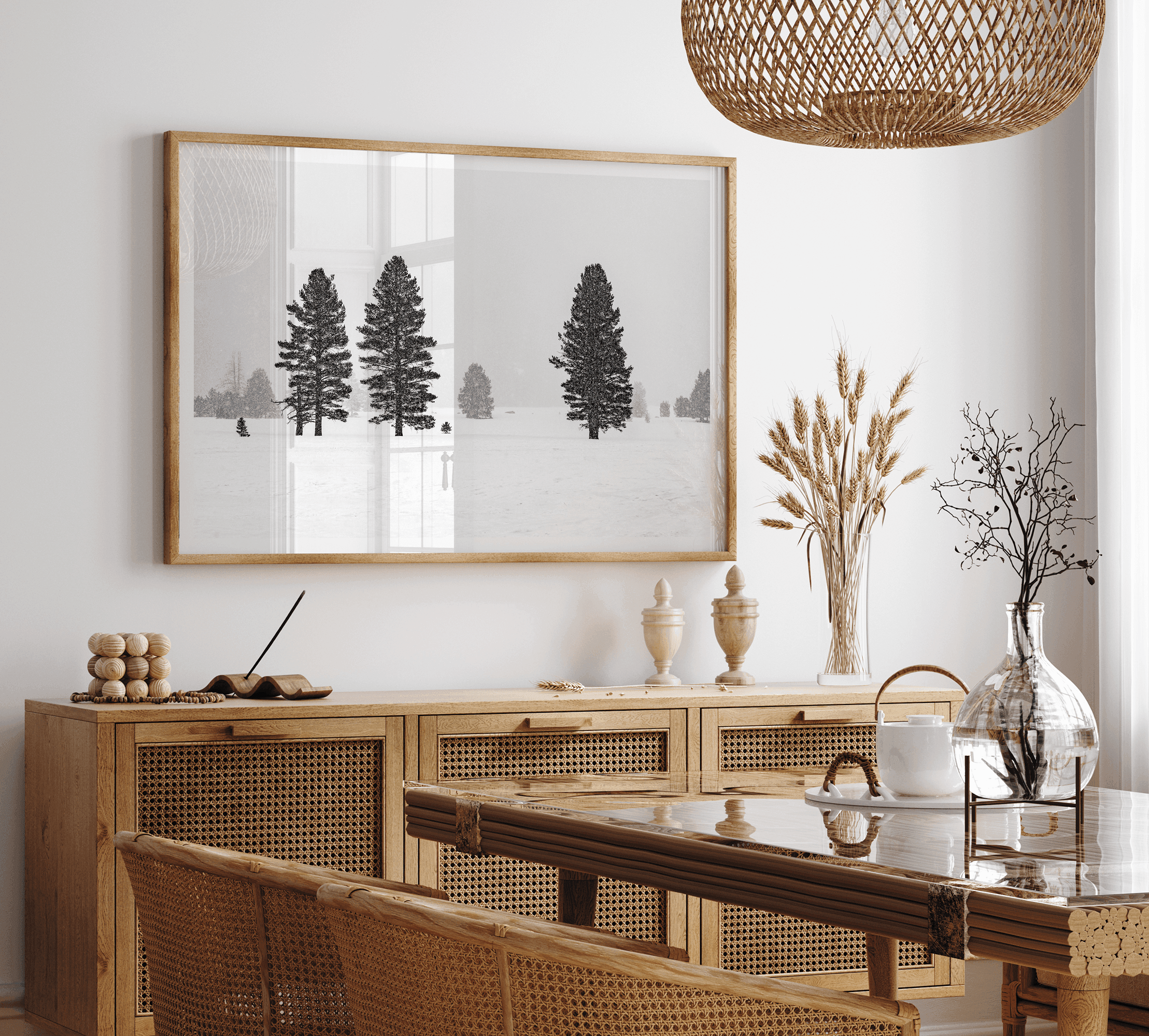 Snowy winter scene artwork with tall pine trees in a peaceful snow-covered field, perfect for minimalist wall decor.
