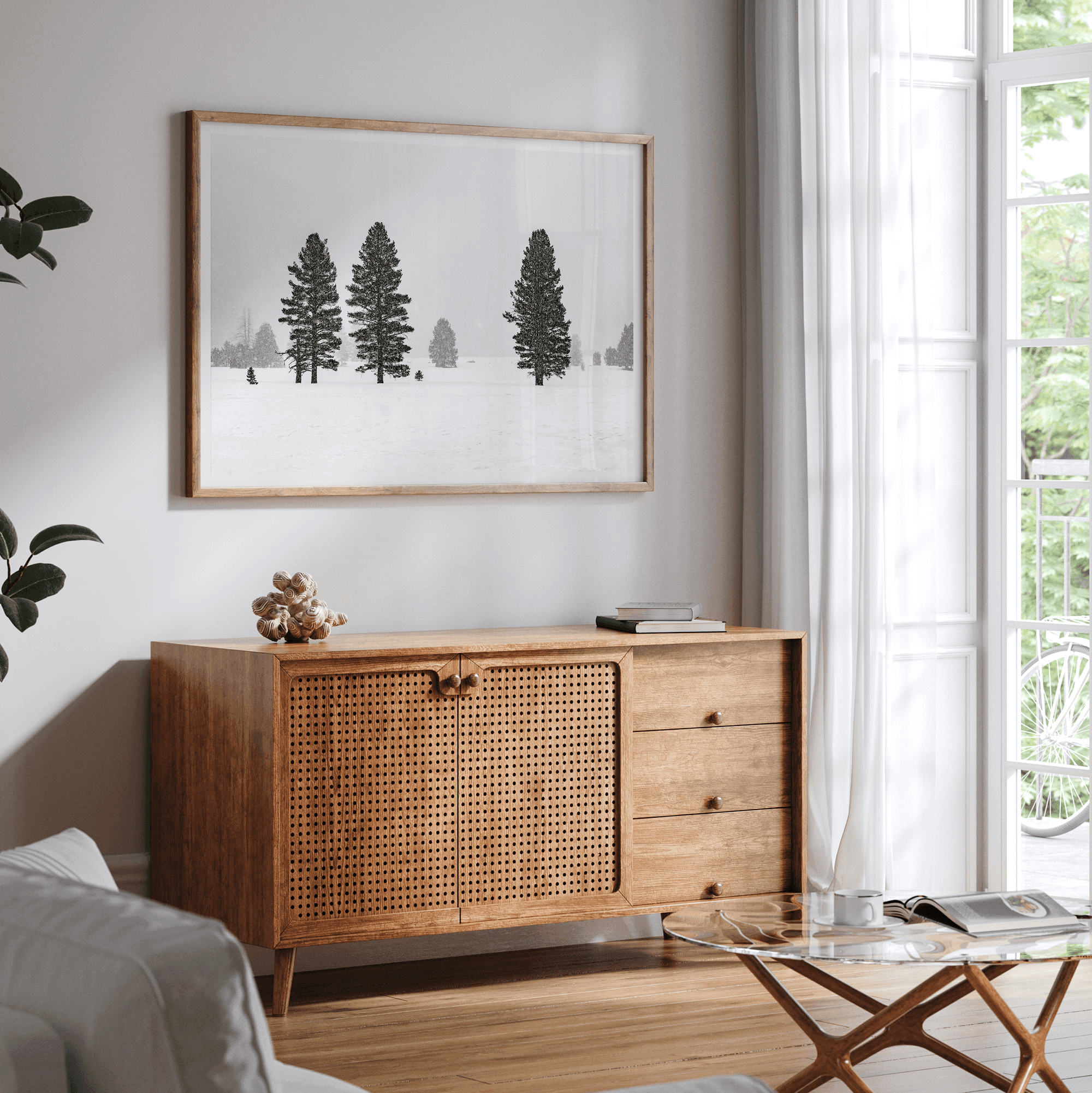 Snowy winter scene artwork with tall pine trees in a peaceful snow-covered field, perfect for minimalist wall decor.