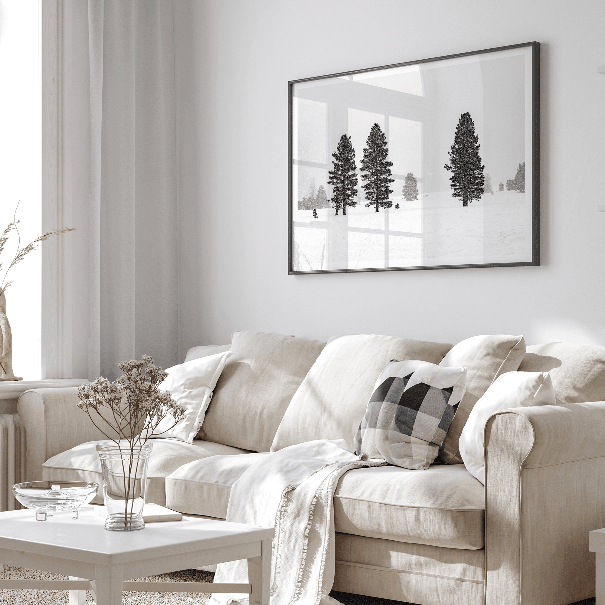 Snowy winter scene artwork with tall pine trees in a peaceful snow-covered field, perfect for minimalist wall decor.