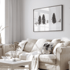 Snowy winter scene artwork with tall pine trees in a peaceful snow-covered field, perfect for minimalist wall decor.