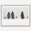 Snowy winter scene artwork with tall pine trees in a peaceful snow-covered field, perfect for minimalist wall decor.