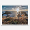 Sunset over rocky California coastline with golden grasses and ocean waves – fine art landscape photography print