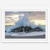 A dramatic fine art beach print showing a huge ocean wave crashing on a beautiful beach in California during sunset