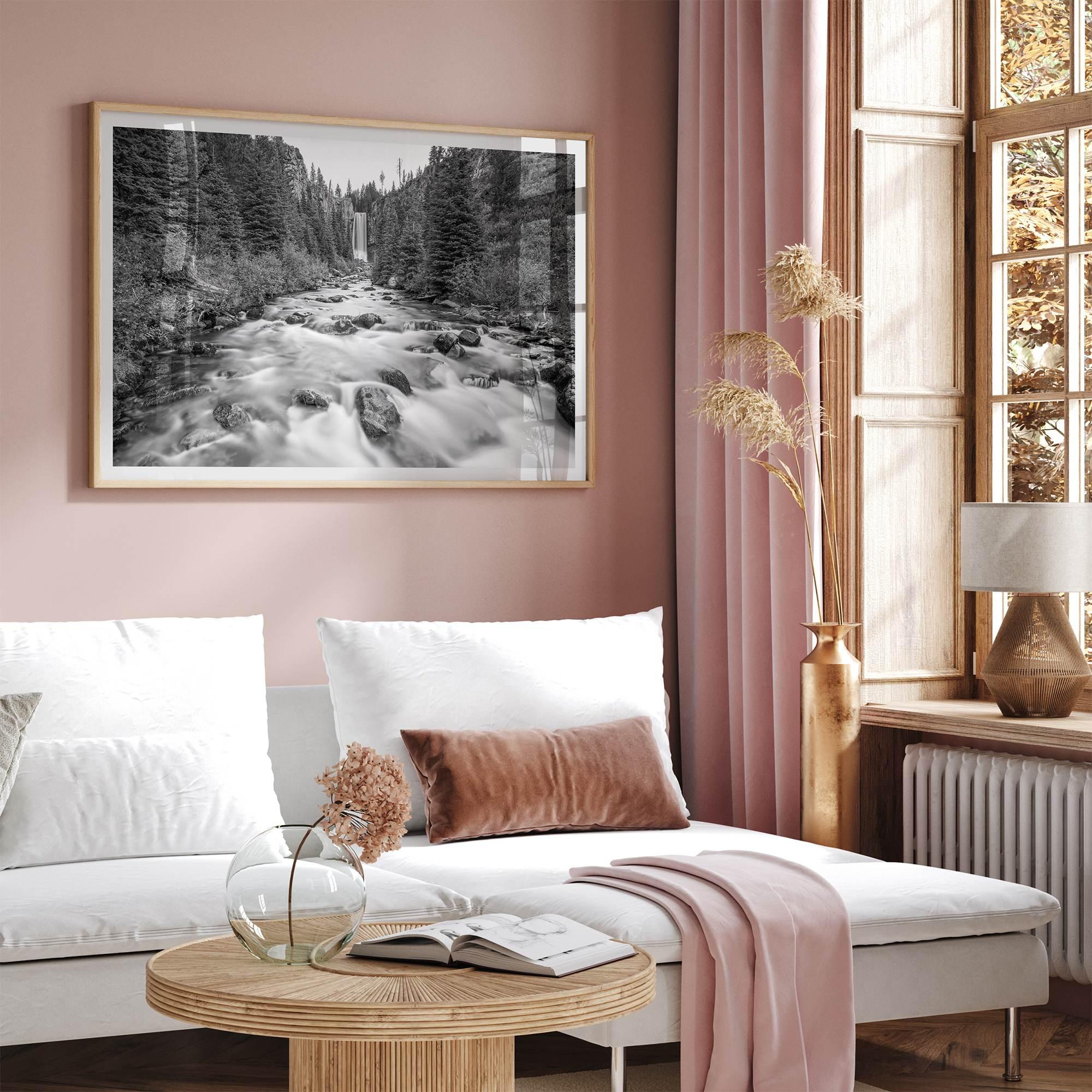 Black and white fine art photography print of Tumalo Falls near Bend, Oregon, framed or unframed; ideal nature artwork for any wall, perfect gift for nature lovers and fine art photography enthusiasts.