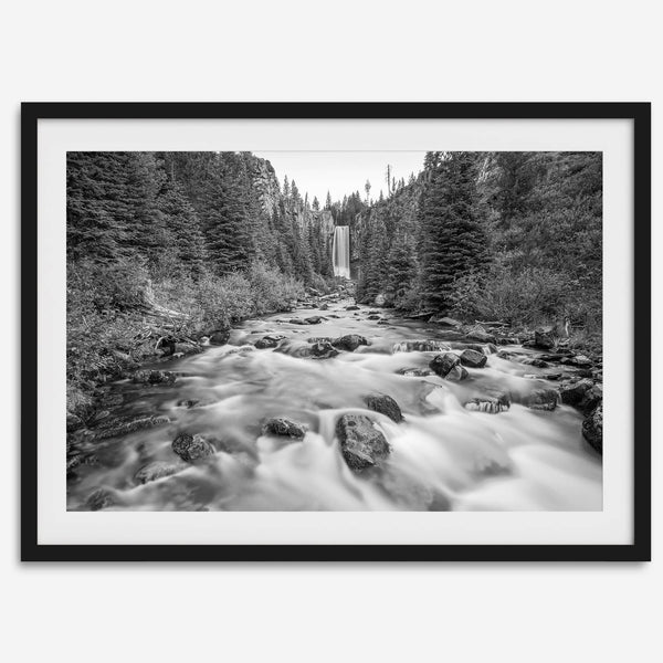 Black and white fine art photography print of Tumalo Falls near Bend, Oregon, framed or unframed; ideal nature artwork for any wall, perfect gift for nature lovers and fine art photography enthusiasts.