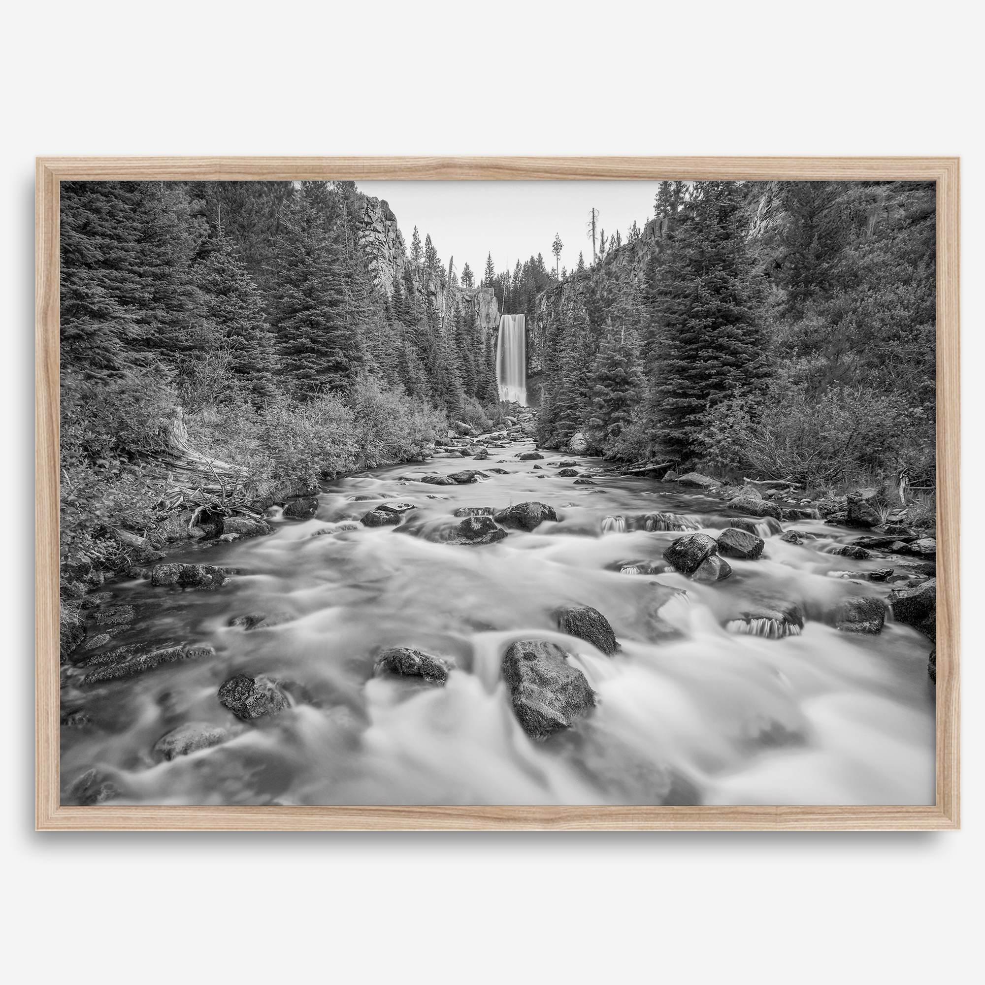 Black and white fine art photography print of Tumalo Falls near Bend, Oregon, framed or unframed; ideal nature artwork for any wall, perfect gift for nature lovers and fine art photography enthusiasts.