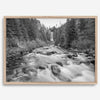 Black and white fine art photography print of Tumalo Falls near Bend, Oregon, framed or unframed; ideal nature artwork for any wall, perfect gift for nature lovers and fine art photography enthusiasts.