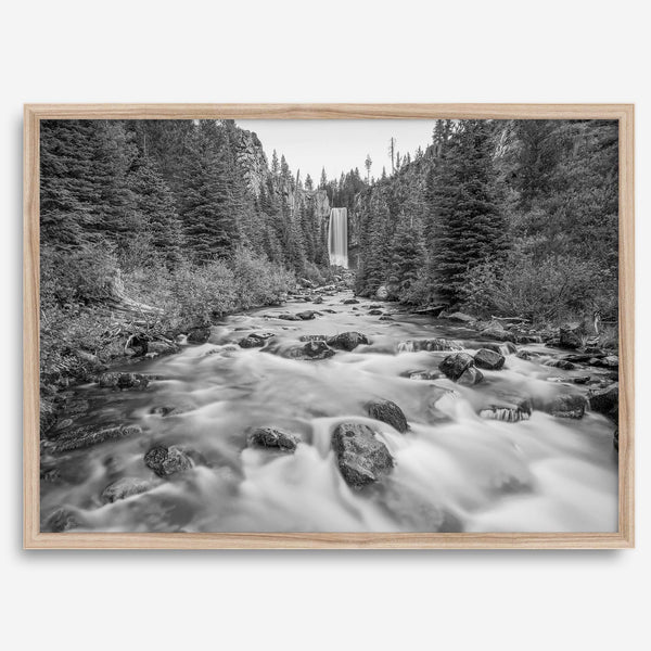 Black and white fine art photography print of Tumalo Falls near Bend, Oregon, framed or unframed; ideal nature artwork for any wall, perfect gift for nature lovers and fine art photography enthusiasts.