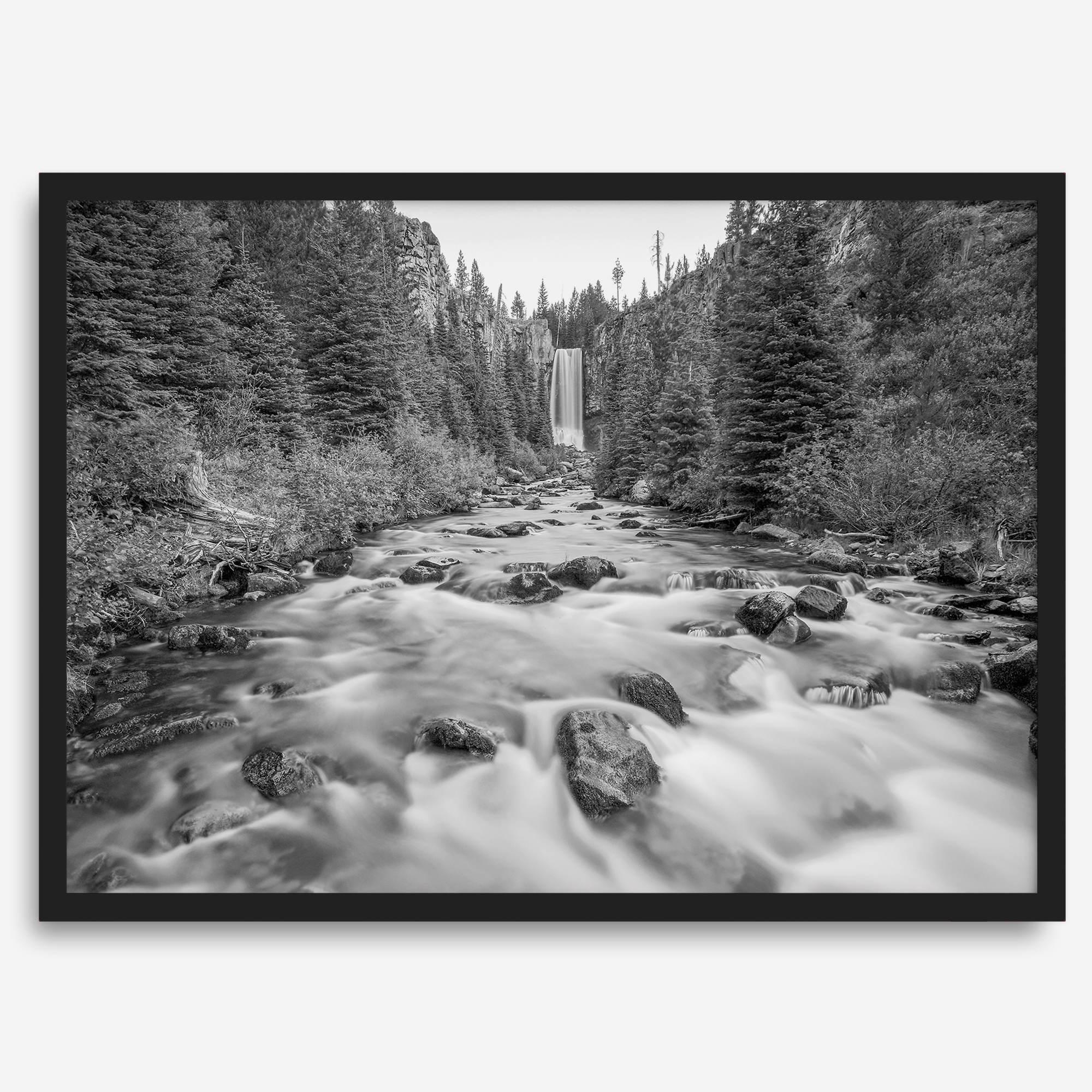 Black and white fine art photography print of Tumalo Falls near Bend, Oregon, framed or unframed; ideal nature artwork for any wall, perfect gift for nature lovers and fine art photography enthusiasts.