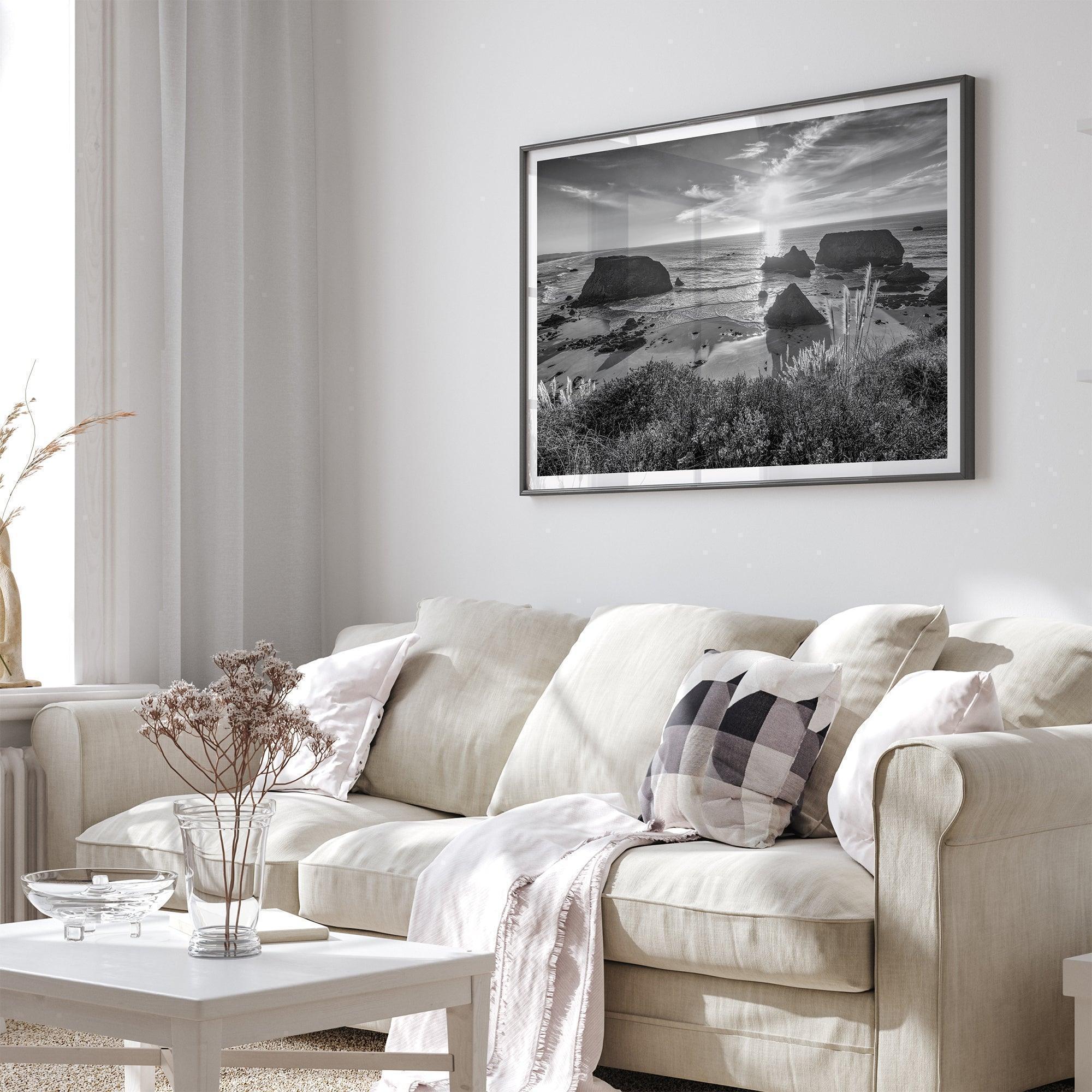 Black and white beach sunset photography wall art from Fort Bragg, California, featuring a dramatic Pacific Northwest coastline seascape.