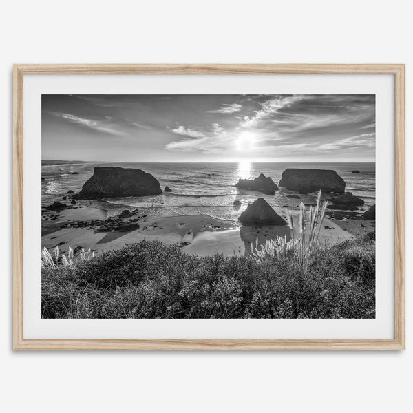 Black and white beach sunset photography wall art from Fort Bragg, California, featuring a dramatic Pacific Northwest coastline seascape.