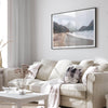 Framed Pfeiffer Beach wall art with foggy Big Sur cliffs and coastal shoreline
