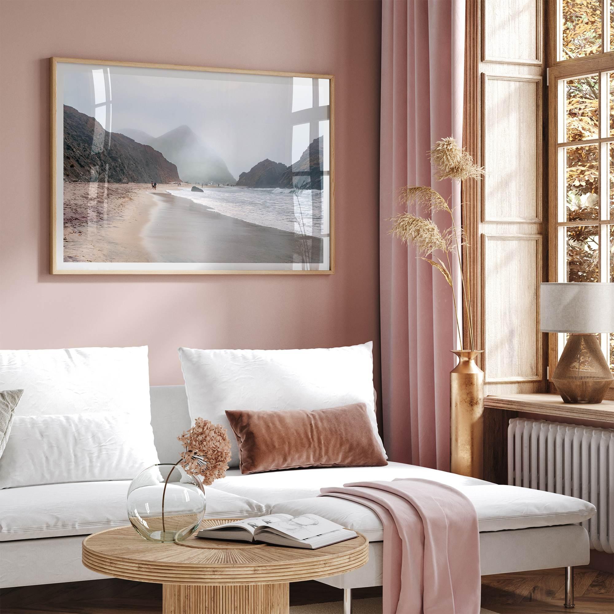 Framed Pfeiffer Beach wall art with foggy Big Sur cliffs and coastal shoreline
