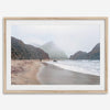 Framed Pfeiffer Beach wall art with foggy Big Sur cliffs and coastal shoreline
