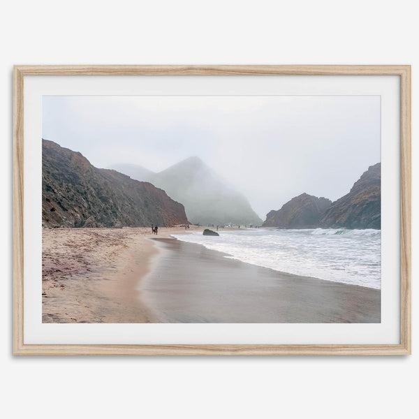 Framed Pfeiffer Beach wall art with foggy Big Sur cliffs and coastal shoreline
