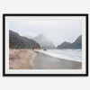 Framed Pfeiffer Beach wall art with foggy Big Sur cliffs and coastal shoreline
